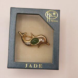 Pan Pacific Jade Dolphin Gold Tone Rhinestone Brooch